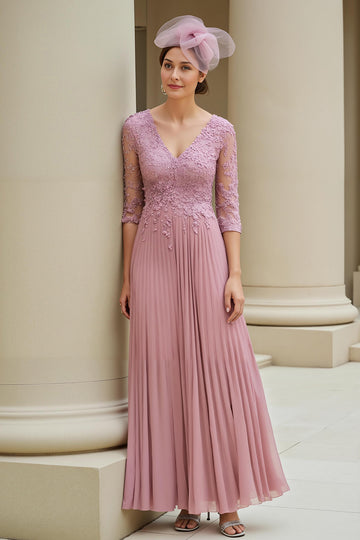 Dusty Rose A-Line V-Neck Pleated Mother Of The Bride Dress With Appliques